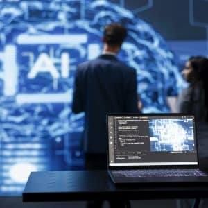 Focus on laptop running AI cognitive computing tech used by IT staff members